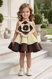 Brown And Cream 3D Floral Layered Party Frock For Girls