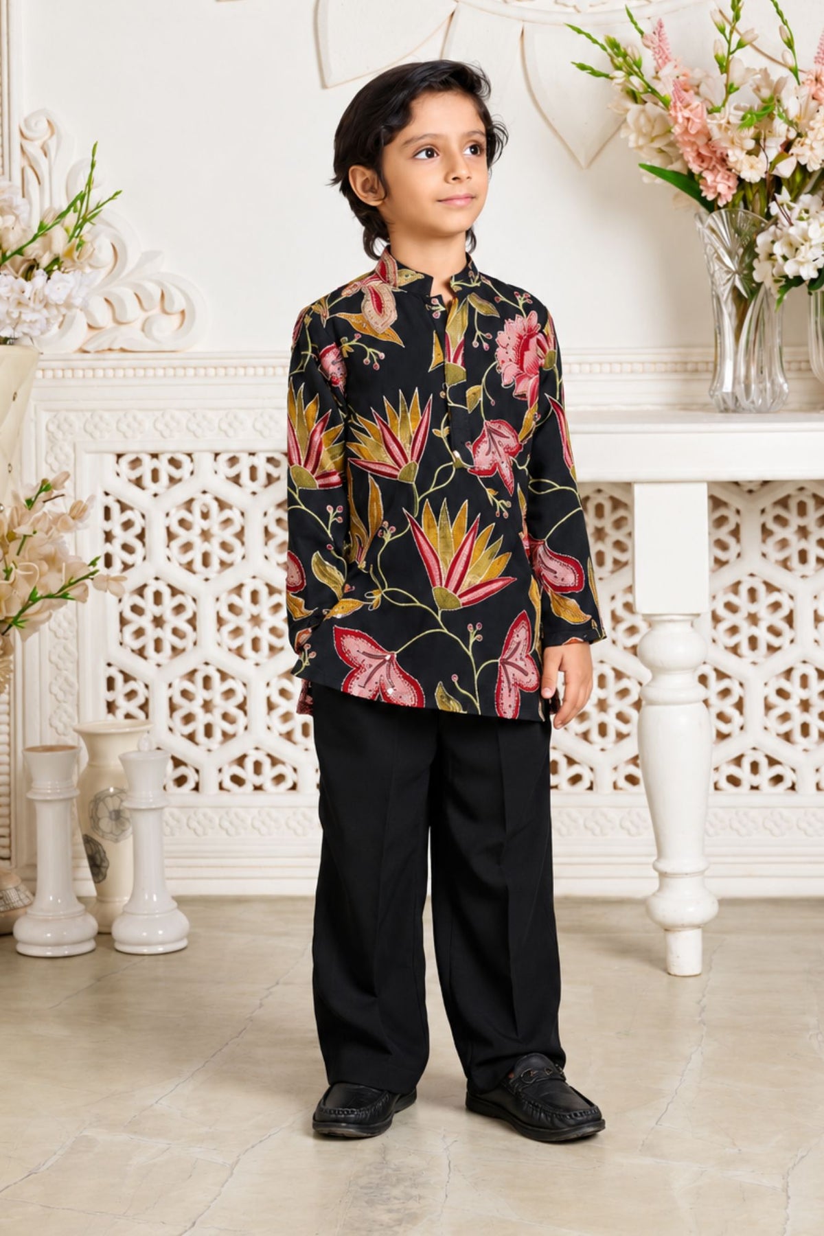 Stylish Boys Black Multicolor Floral Printed Kurta Pant Set for Wedding And Festive Wear