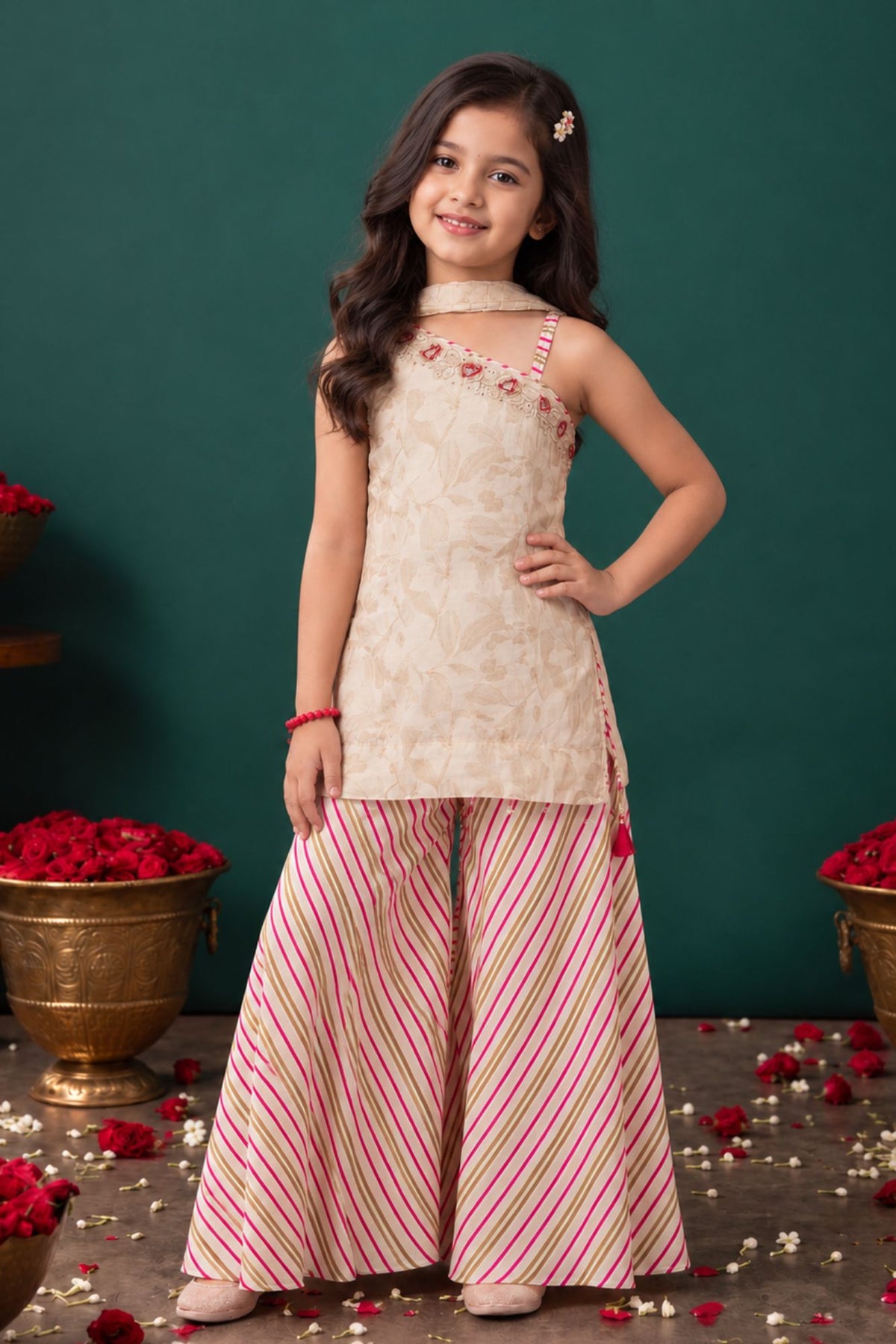 Girls Cream Embroidered Palazzo Set With Leheriya Print And Dupatta