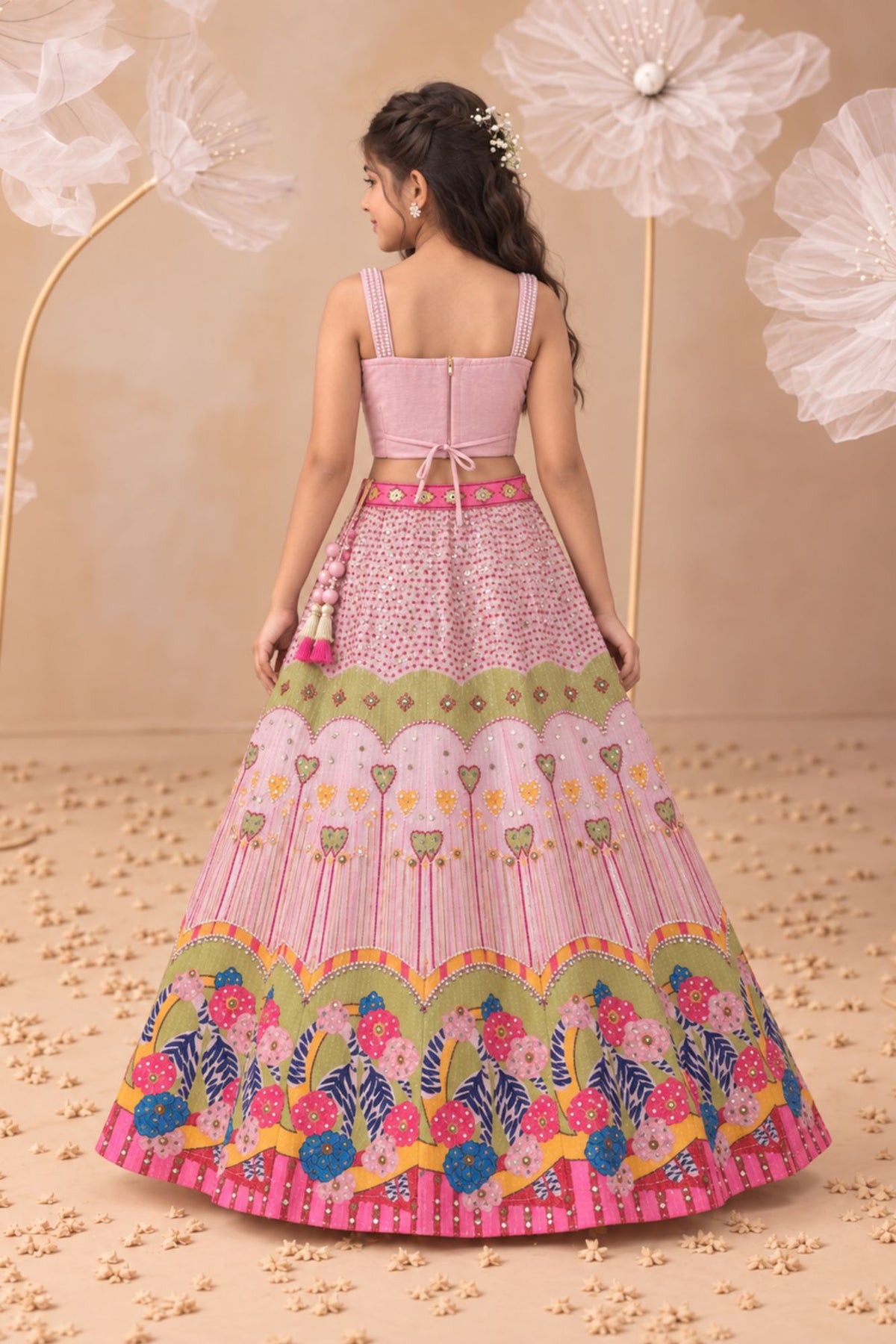 Baby Pink With Multicolor Floral Embellished Lehenga Choli Set