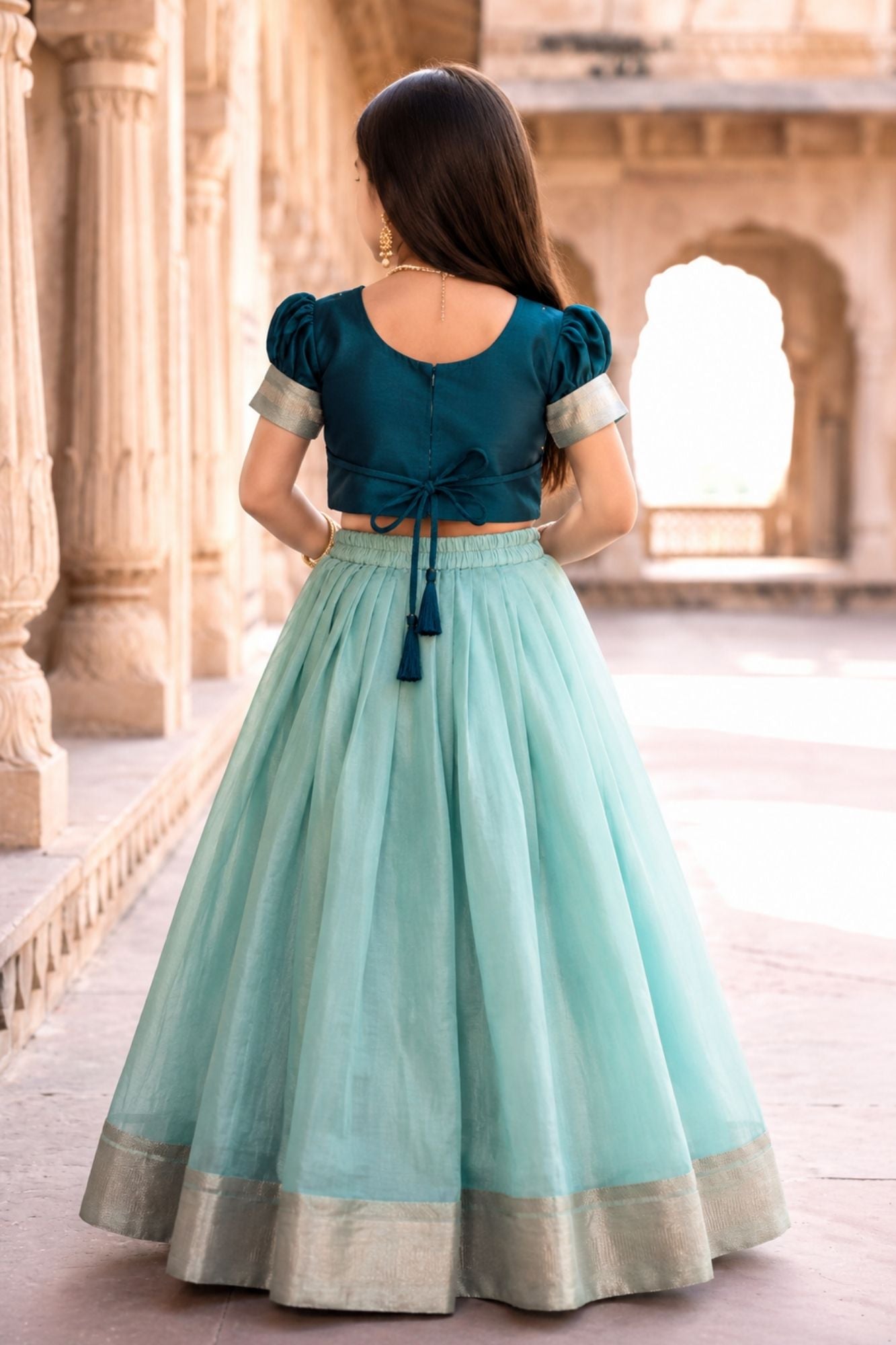 Teal Blue & Aqua Embroidered Pattu Pavadai with Puff Sleeves For Girls