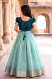 Teal Blue & Aqua Embroidered Pattu Pavadai with Puff Sleeves For Girls