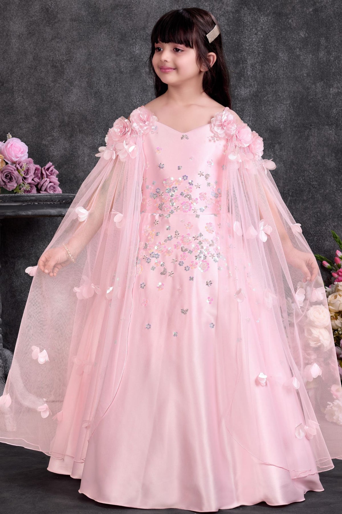 Girls Floral Sequin Embellished Blush Pink Party Gown
