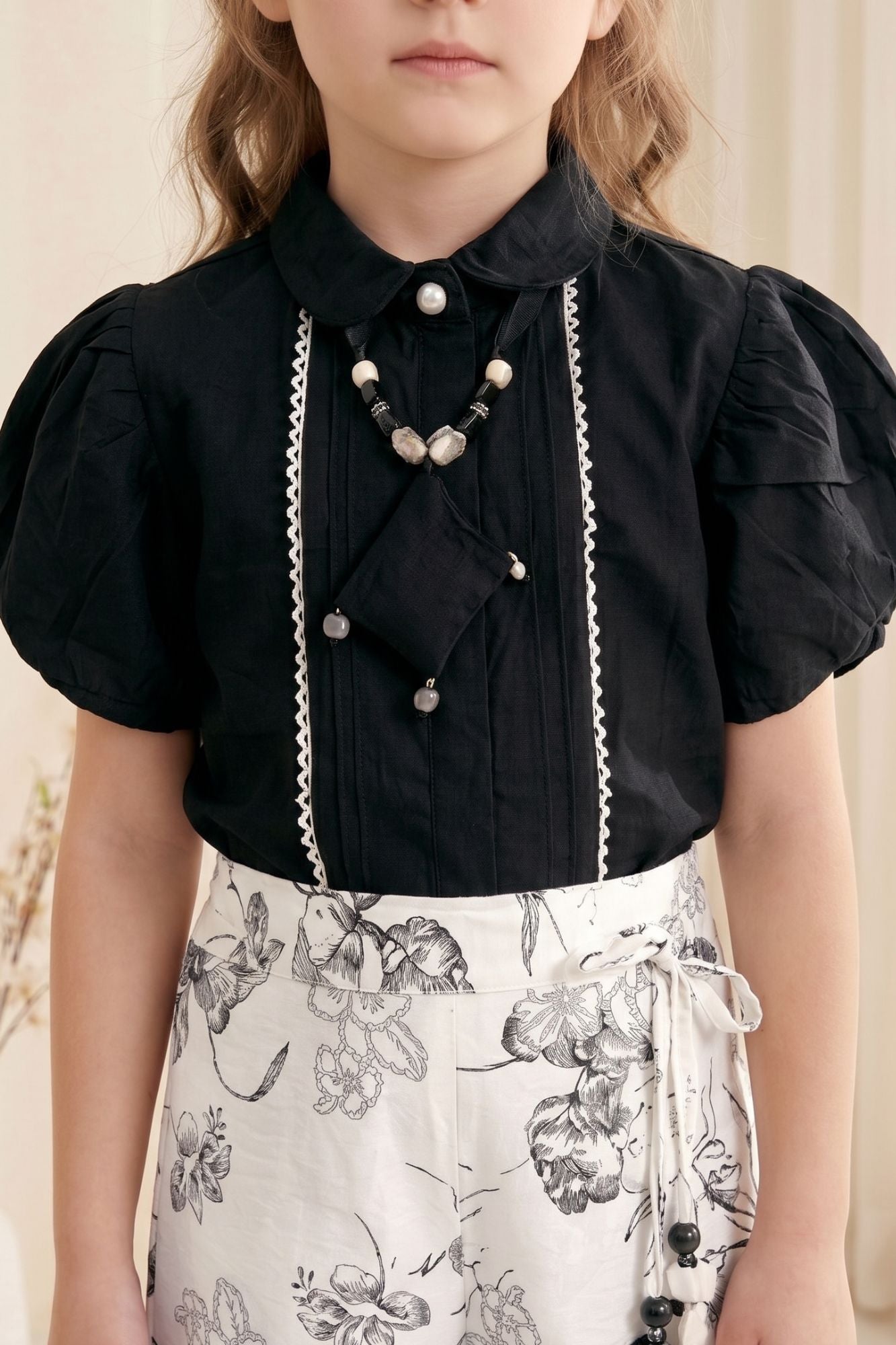 Girls Black Puff Sleeve Top with Printed Palazzo Pants