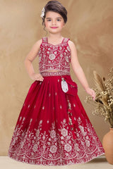 Girls Rani Pink Silver Embroidered Lehenga Choli Set With Dupatta
