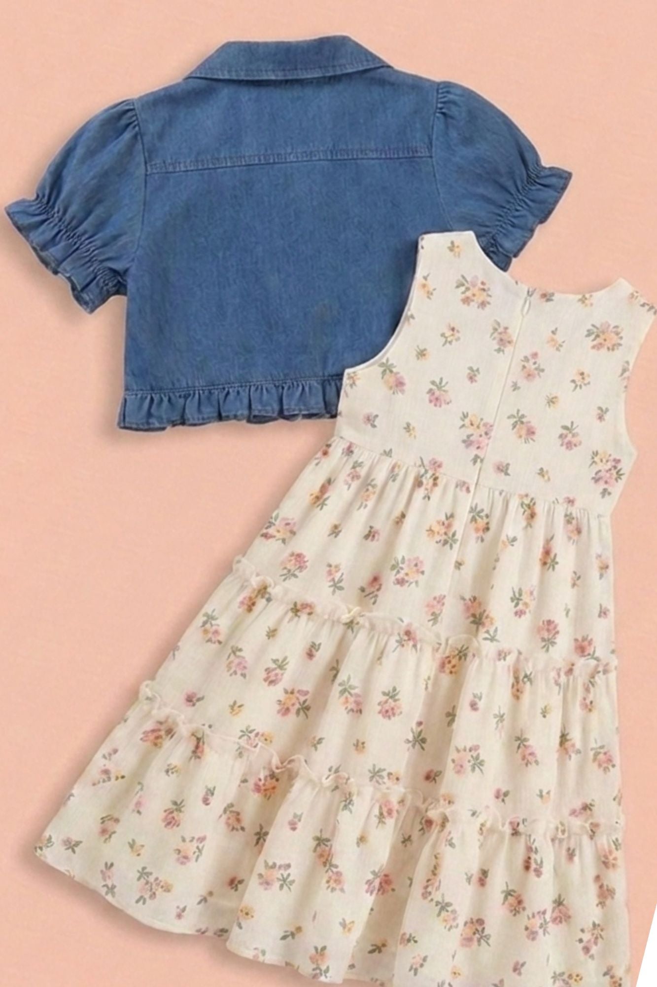 Girls Floral Printed Dress with Blue Denim Shrug
