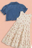 Girls Floral Printed Dress with Blue Denim Shrug