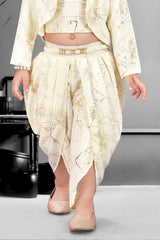 Stylish Cream Printed Dhoti Set With Over Coat For Girls