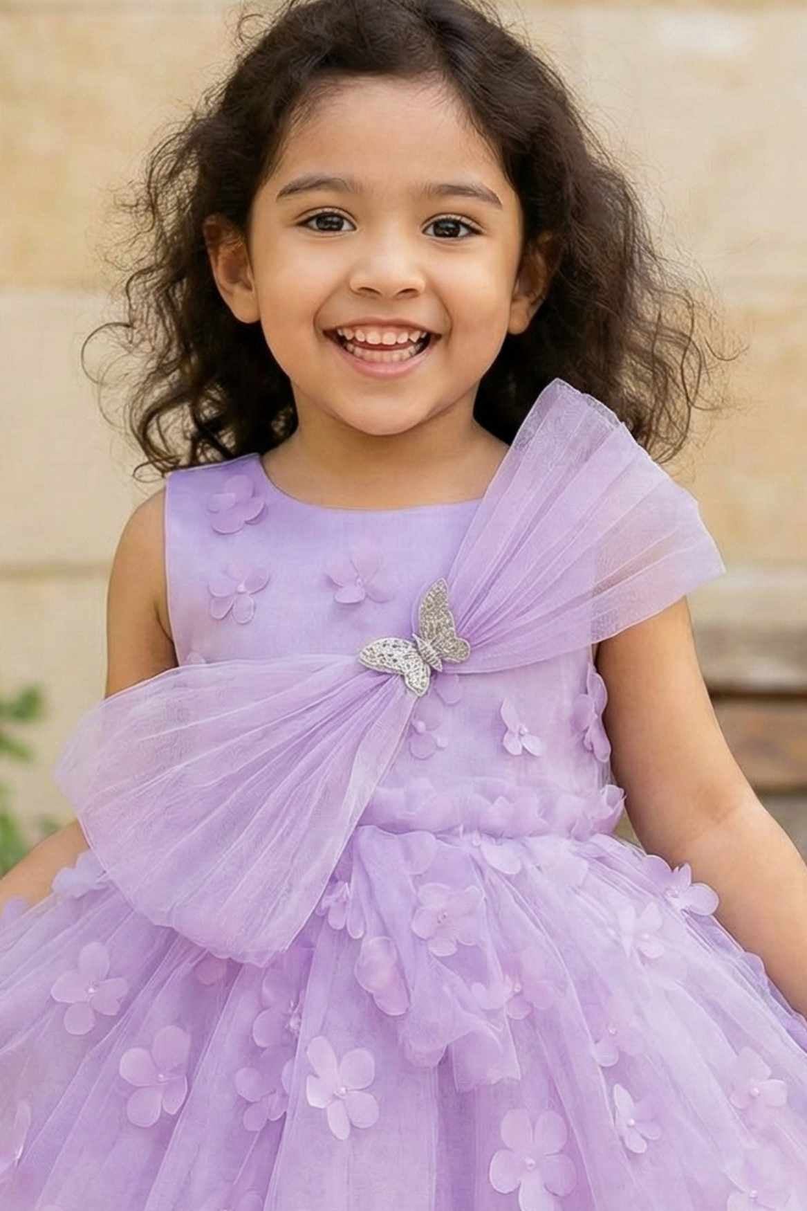 Lavender 3D Floral Embellishments Party Wear Frock For Girls