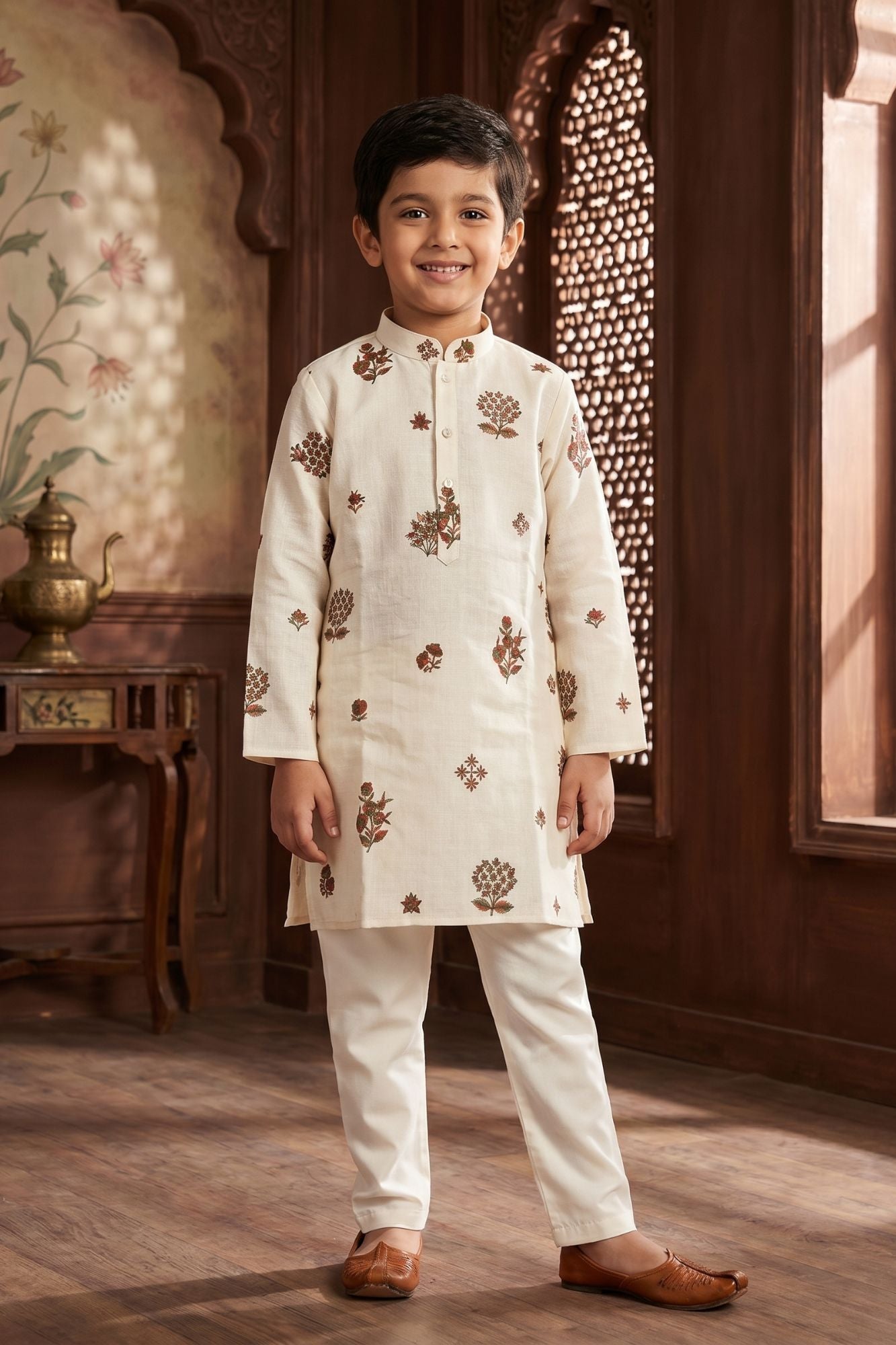 Cream Embroidered Kurta Pyjama Set For Boys