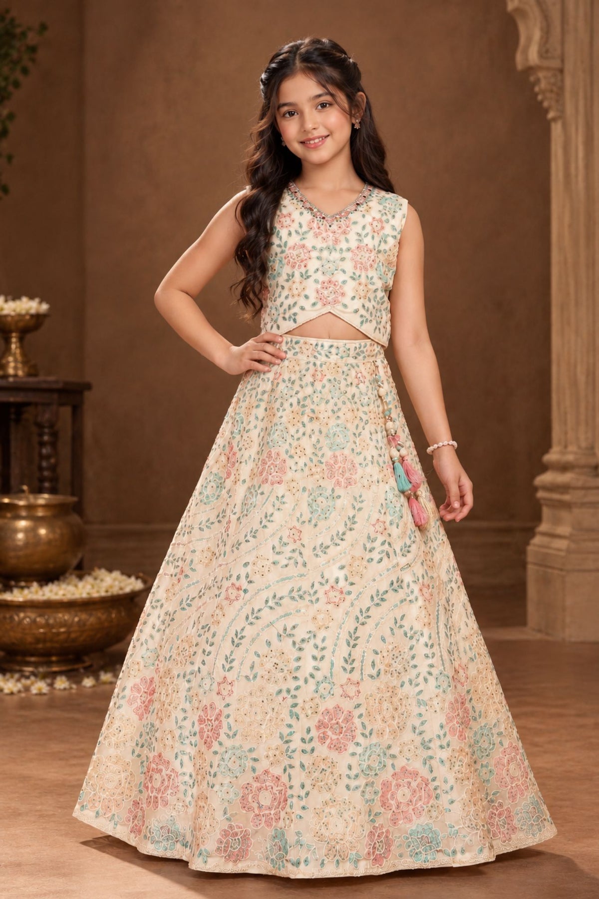 Pastel Mint And Peach Floral Embroidered Lehenga Choli Set For Girls