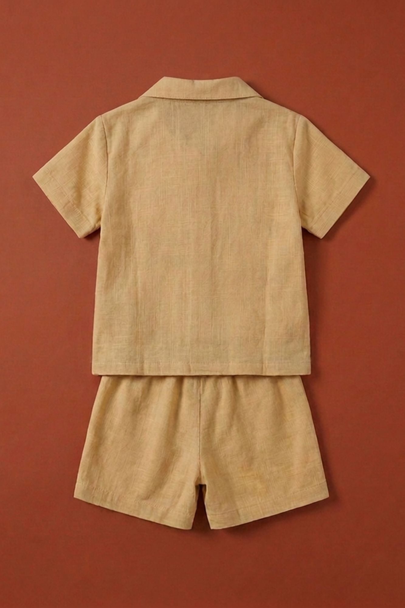 Boys Mustard Yellow Tropical Embroidered Shorts Set with Collared Shirt