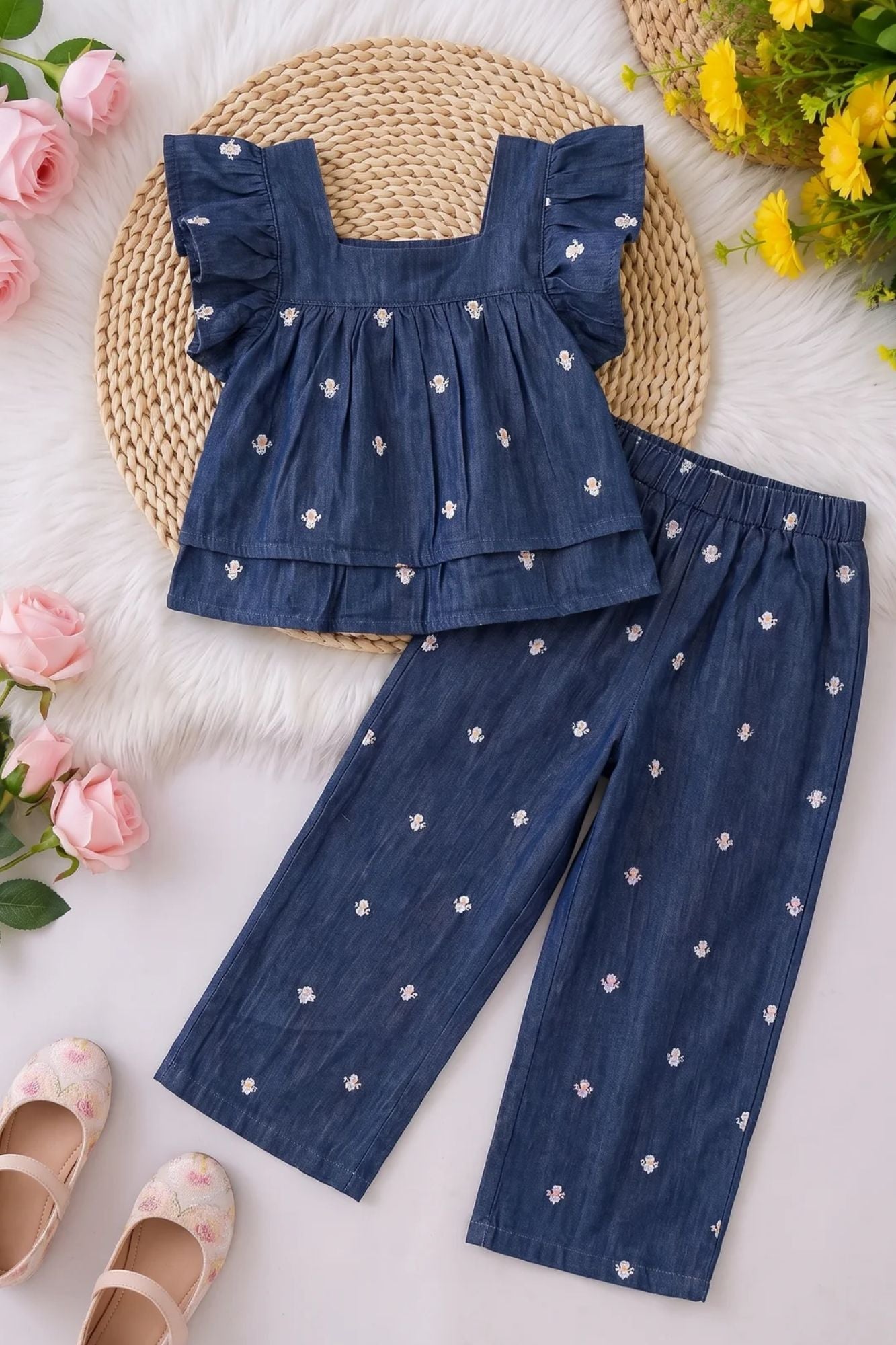 Girls Blue Floral Embroidered Top And Pant Co-ord Set