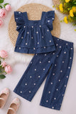 Girls Blue Floral Embroidered Top And Pant Co-ord Set