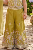 Girls Mustard Green Embroidered Crop Top Palazzo Set With Dupatta