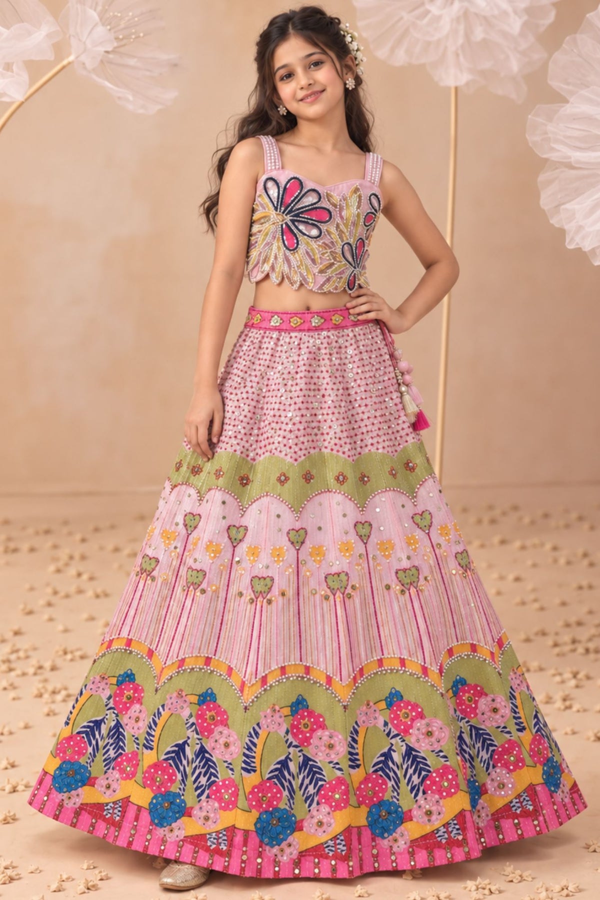 Baby Pink With Multicolor Floral Embellished Lehenga Choli Set