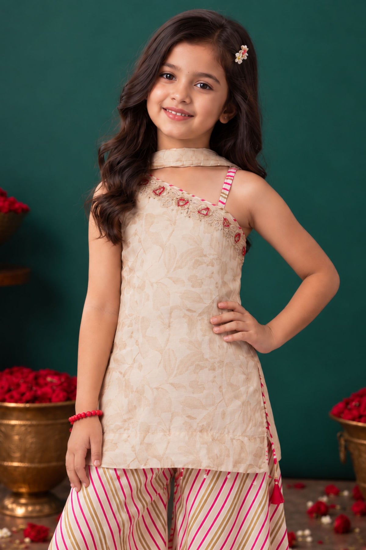Girls Cream Embroidered Palazzo Set With Leheriya Print And Dupatta