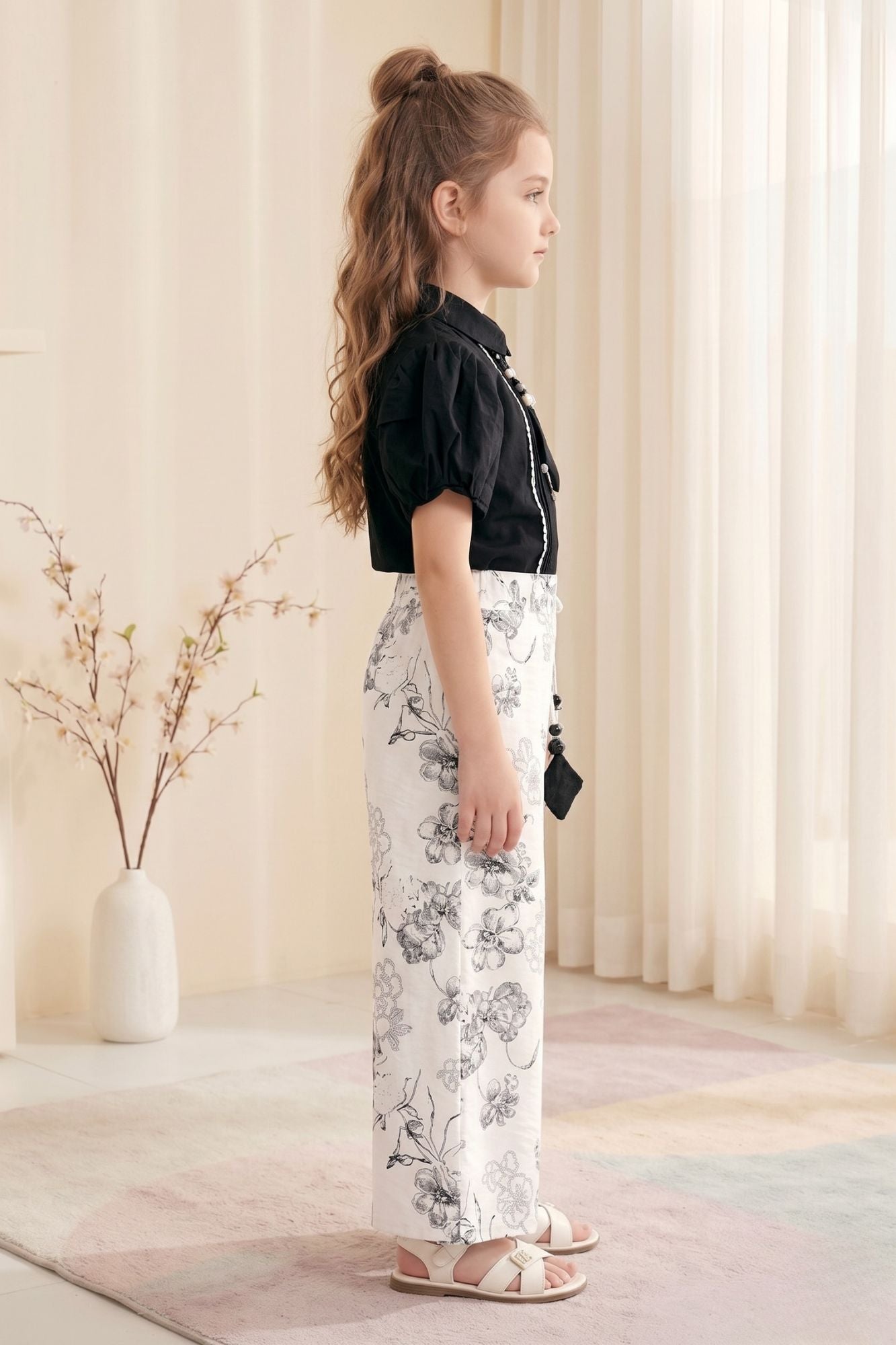 Girls Black Puff Sleeve Top with Printed Palazzo Pants