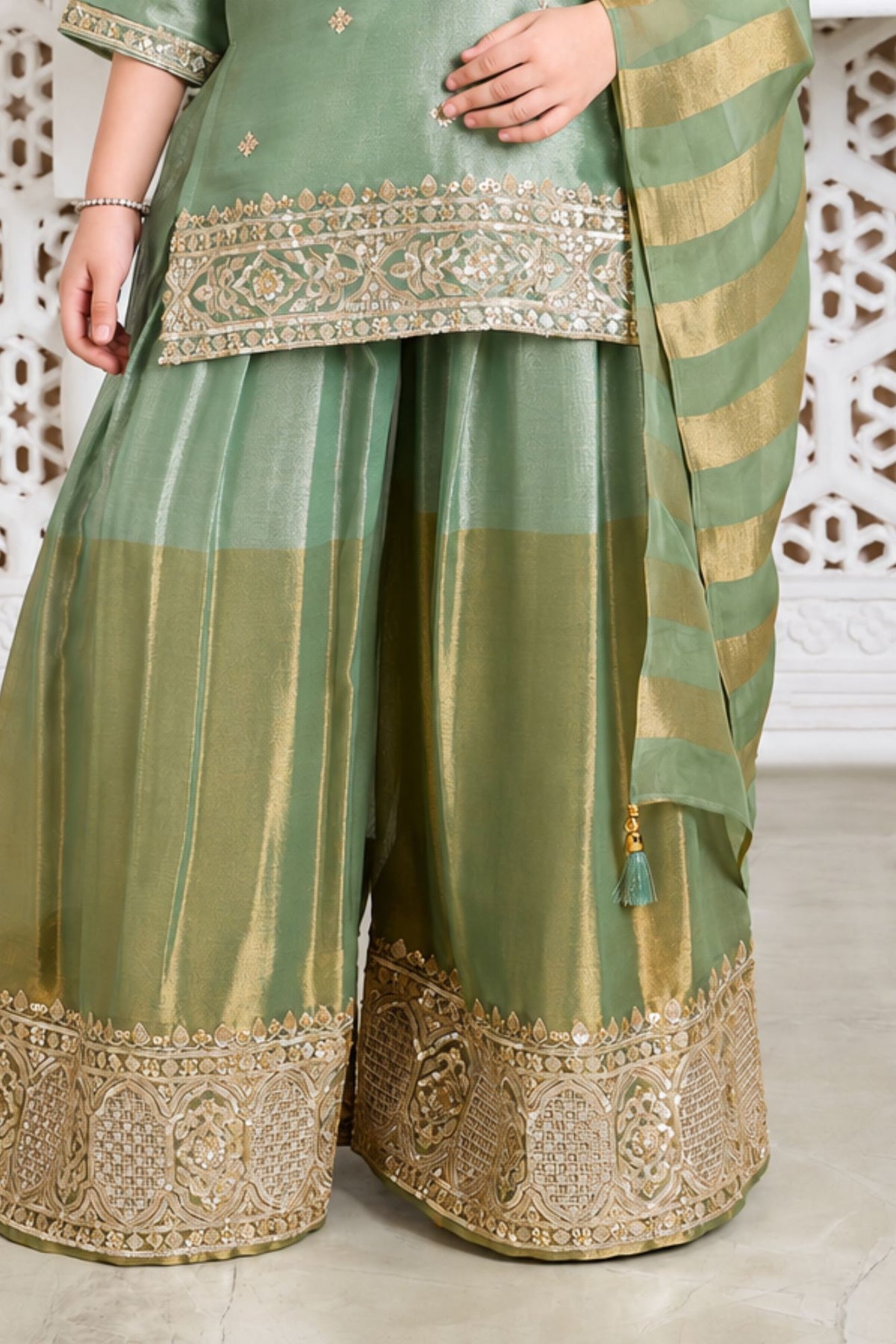 Girls Elegant Green With Gold Embroidered Palazzo Set