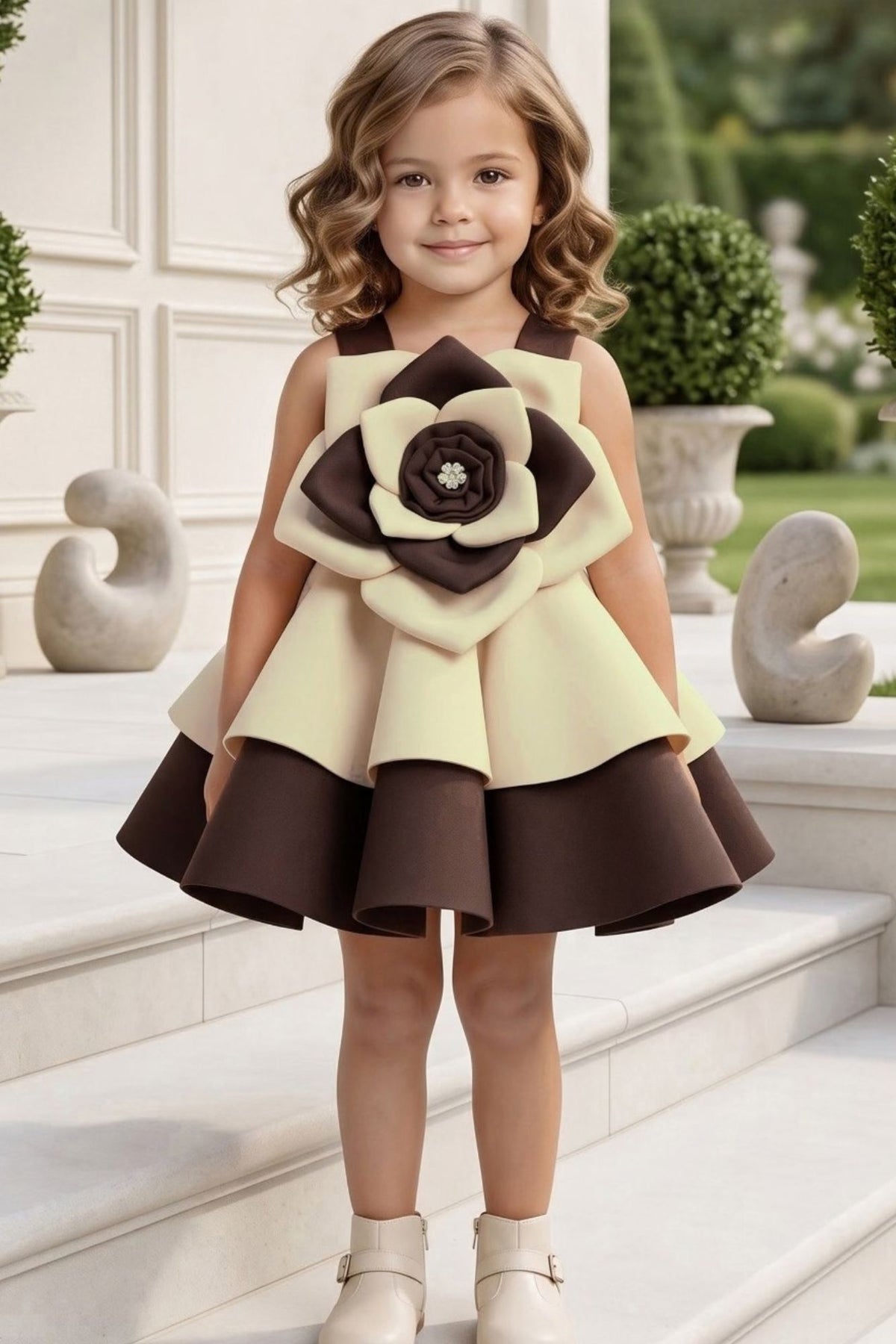 Brown And Cream 3D Floral Layered Party Frock For Girls