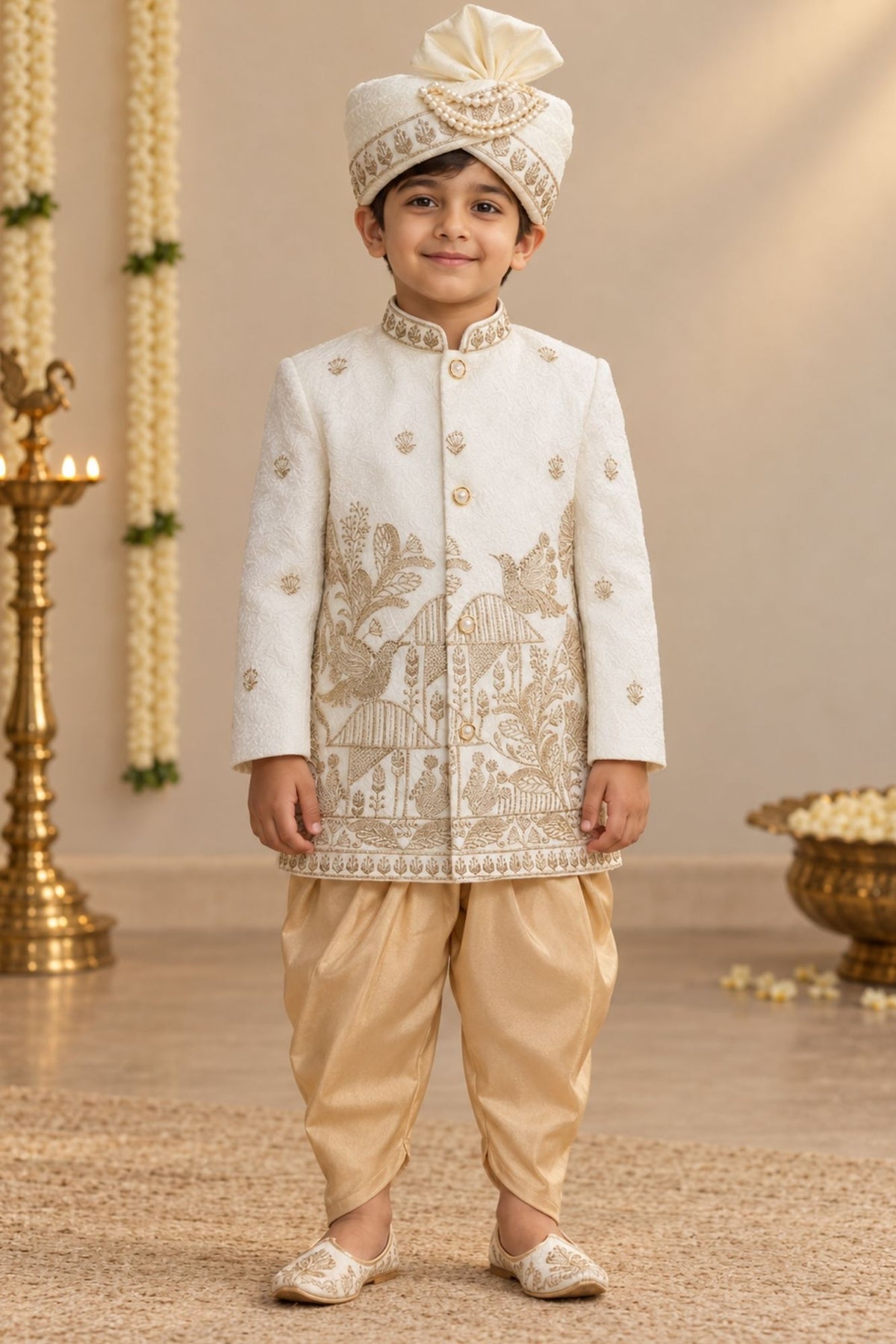 Boys Ivory And Gold Embroidered Kurta Dhoti Set