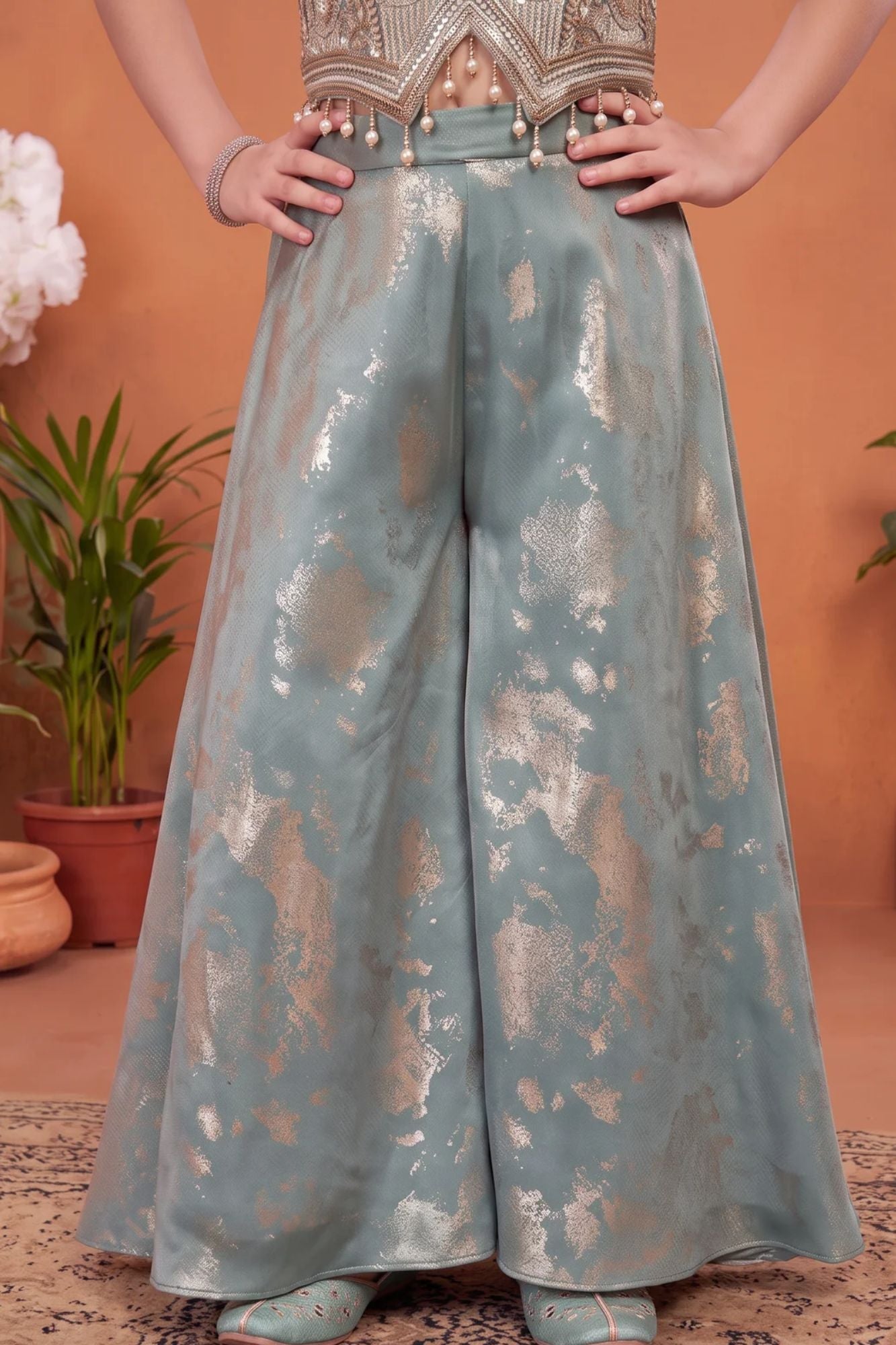 Girls Sage Green Embroidered Palazzo Set with Dupatta