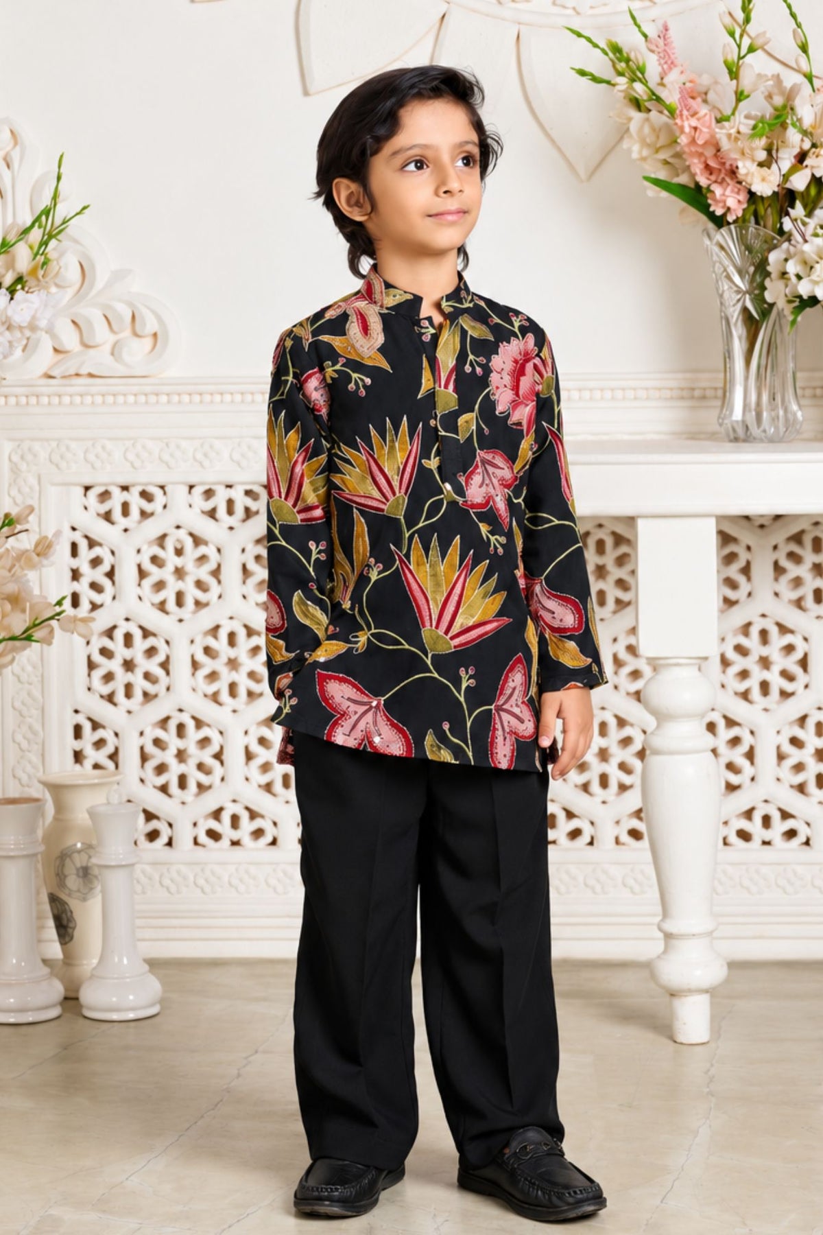 Stylish Boys Black Multicolor Floral Printed Kurta Pant Set for Wedding And Festive Wear
