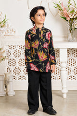 Stylish Boys Black Multicolor Floral Printed Kurta Pant Set for Wedding And Festive Wear