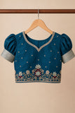 Teal Blue & Aqua Embroidered Pattu Pavadai with Puff Sleeves For Girls