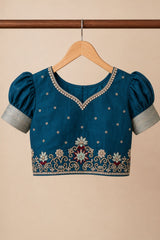 Teal Blue & Aqua Embroidered Pattu Pavadai with Puff Sleeves For Girls