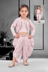 Stylish Pink Printed Dhoti Set With Over Coat For Girls