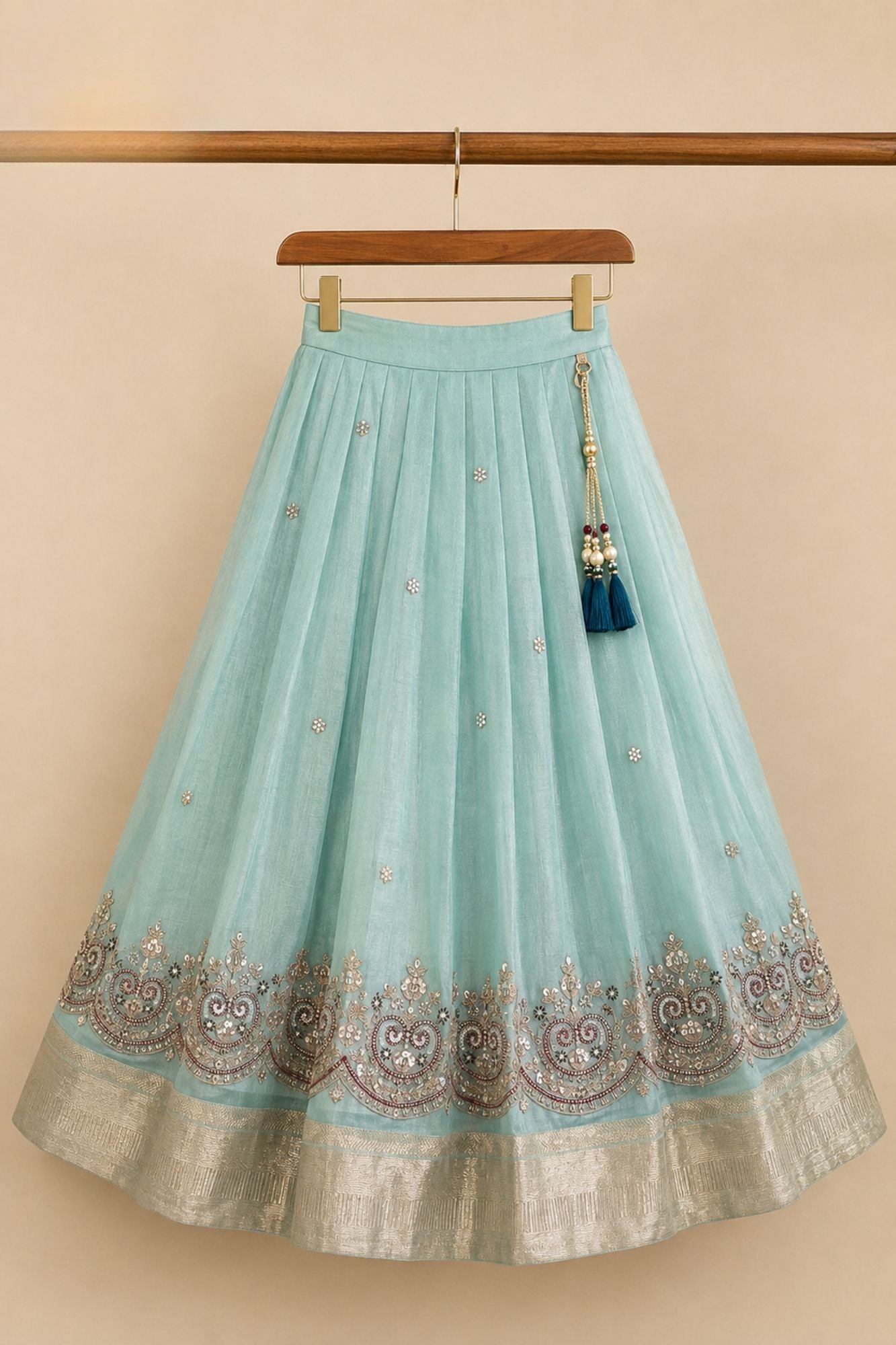 Teal Blue & Aqua Embroidered Pattu Pavadai with Puff Sleeves For Girls