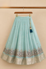 Teal Blue & Aqua Embroidered Pattu Pavadai with Puff Sleeves For Girls