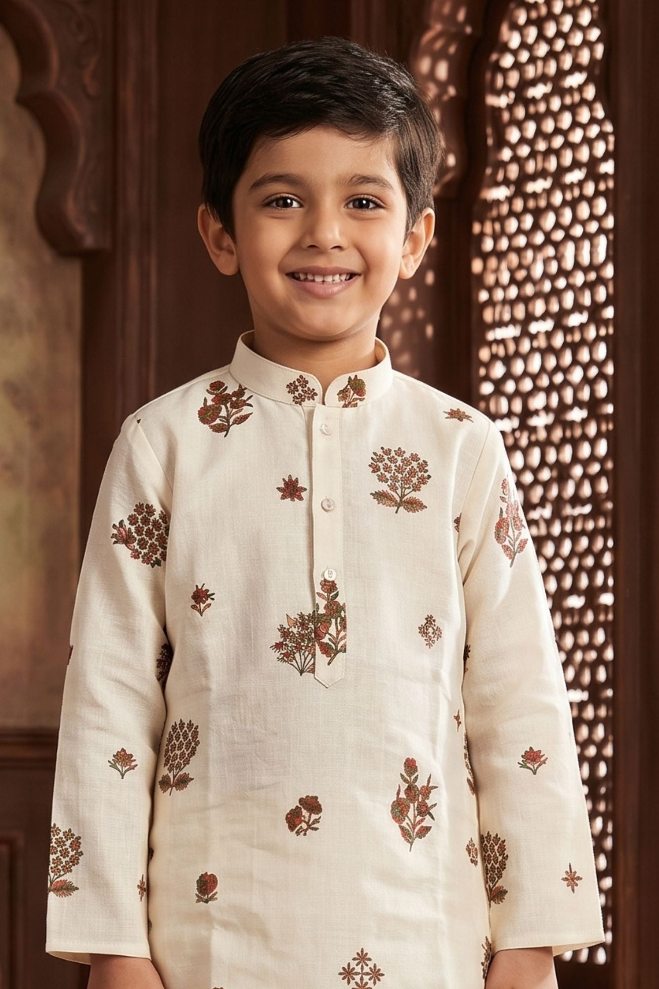 Cream Embroidered Kurta Pyjama Set For Boys