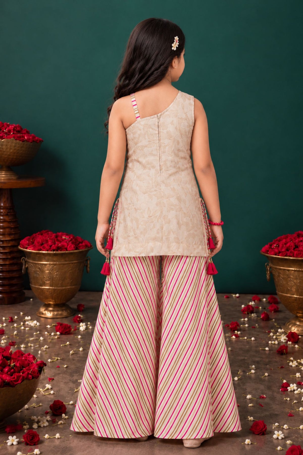 Girls Cream Embroidered Palazzo Set With Leheriya Print And Dupatta