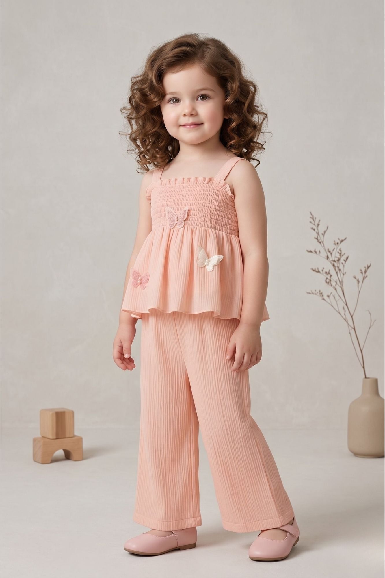 Girls Peach Smocked Ruffle Top with Wide-Leg Pants Co-Ord Set