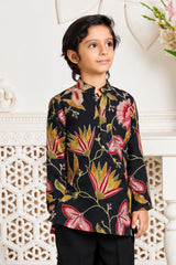 Stylish Boys Black Multicolor Floral Printed Kurta Pant Set for Wedding And Festive Wear
