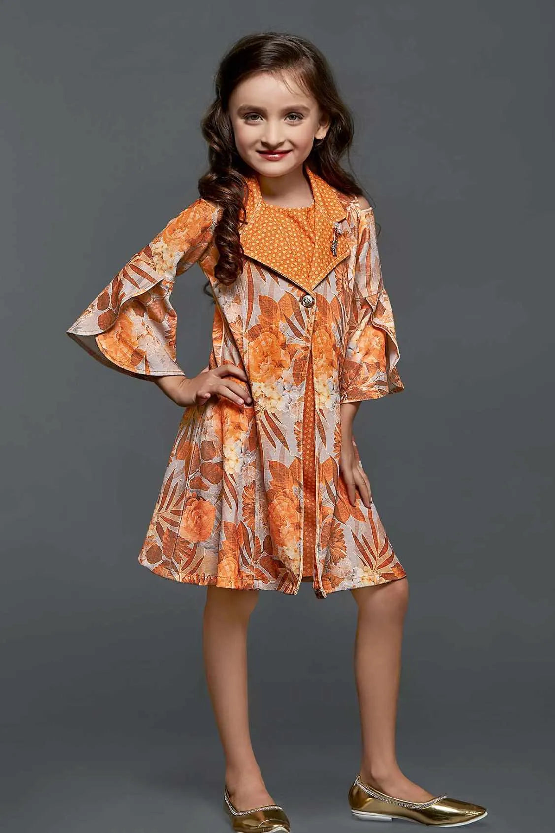 Orange Floral Printed Dress For Girls