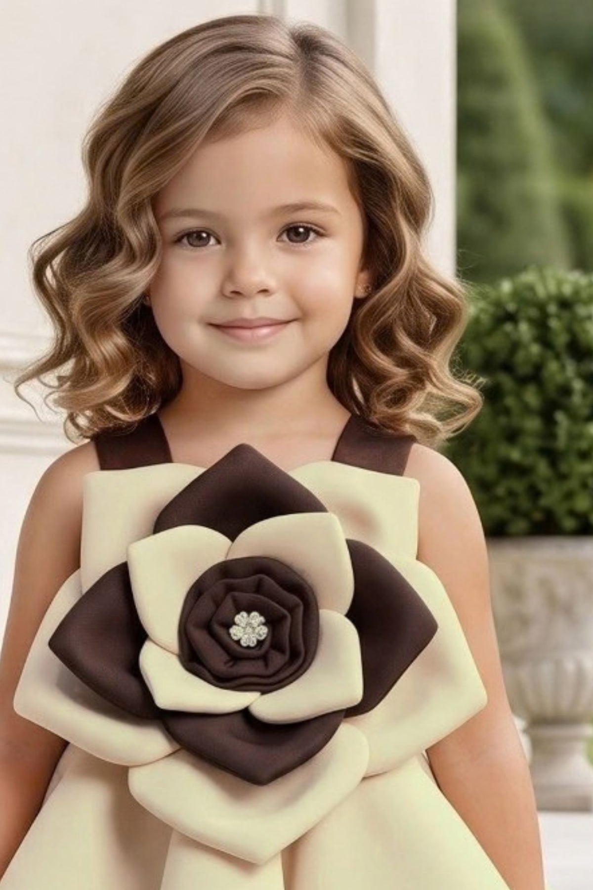Brown And Cream 3D Floral Layered Party Frock For Girls