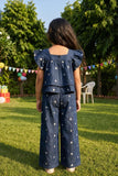 Girls Blue Floral Embroidered Top And Pant Co-ord Set