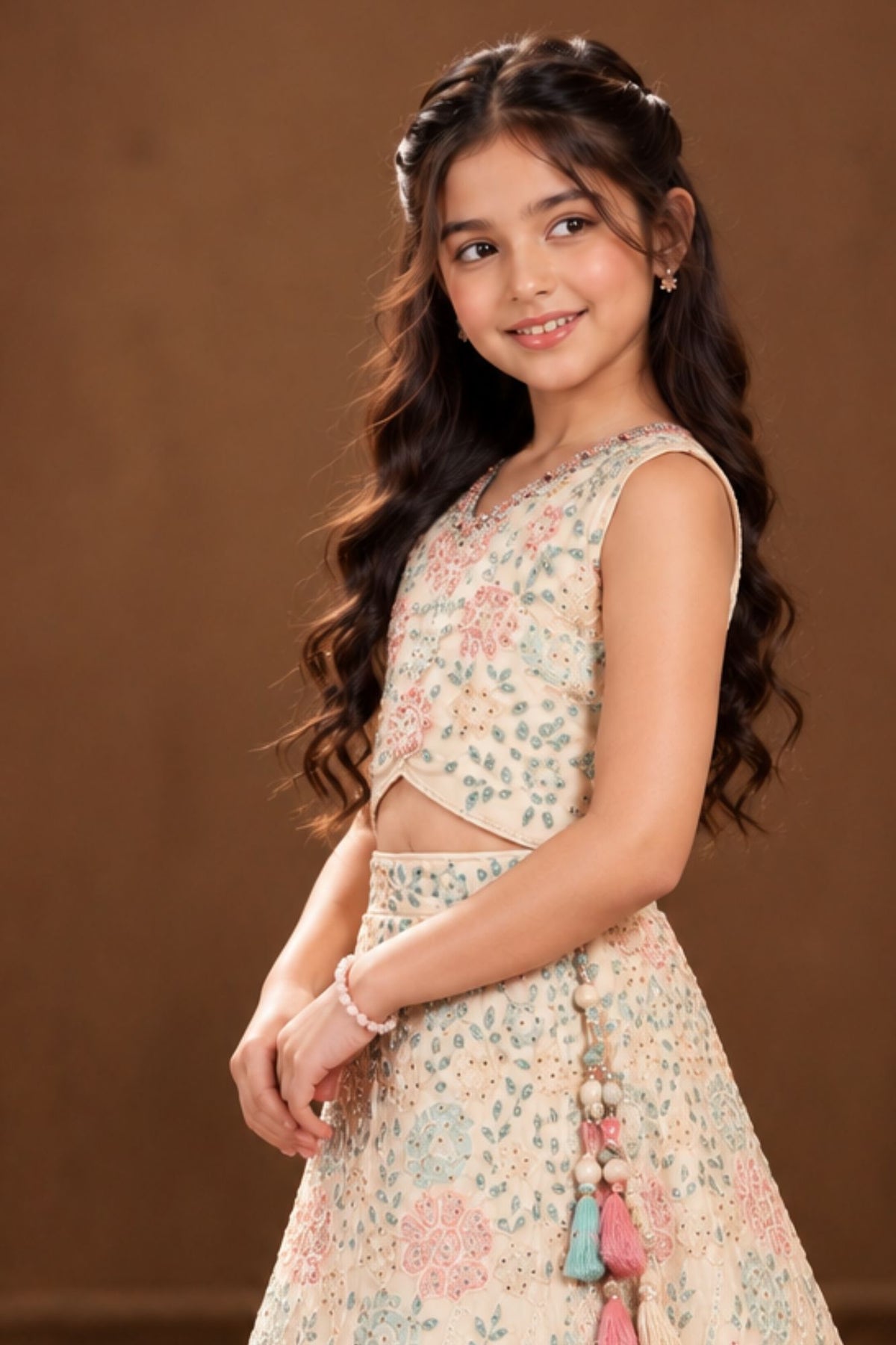 Pastel Mint And Peach Floral Embroidered Lehenga Choli Set For Girls