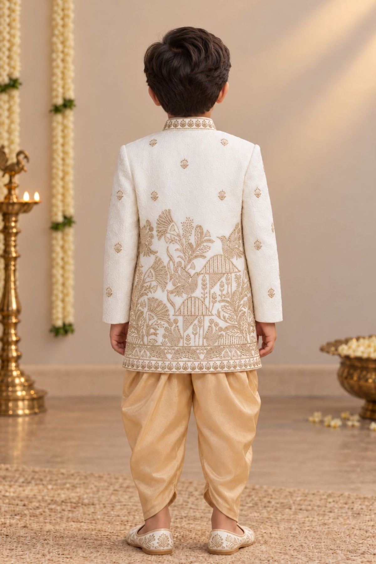 Boys Ivory And Gold Embroidered Kurta Dhoti Set