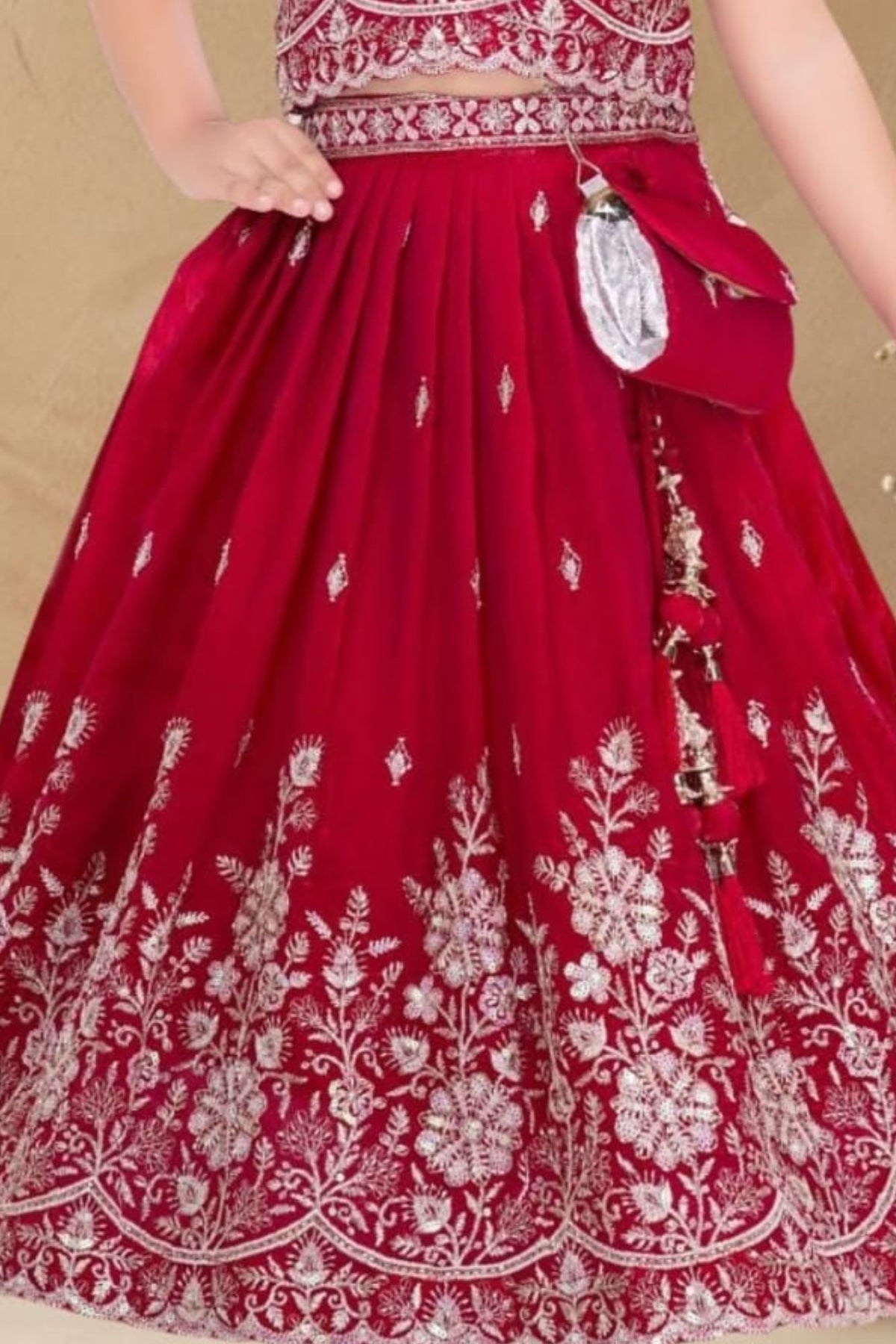 Girls Rani Pink Silver Embroidered Lehenga Choli Set With Dupatta