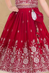 Girls Rani Pink Silver Embroidered Lehenga Choli Set With Dupatta