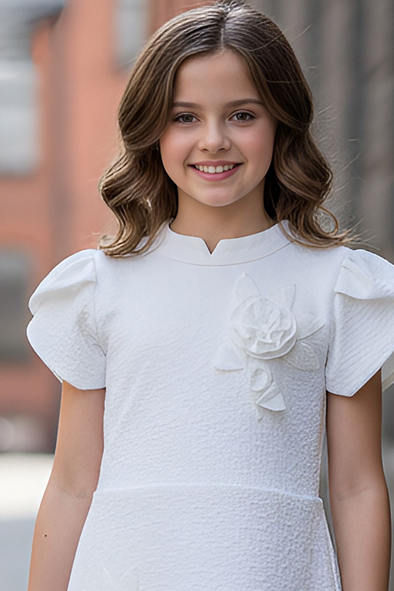 White Textured A-Line Dress with Floral Applique For Girls