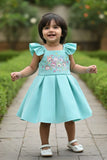 Aqua Blue Cartoon Printed Party Frock For Girls