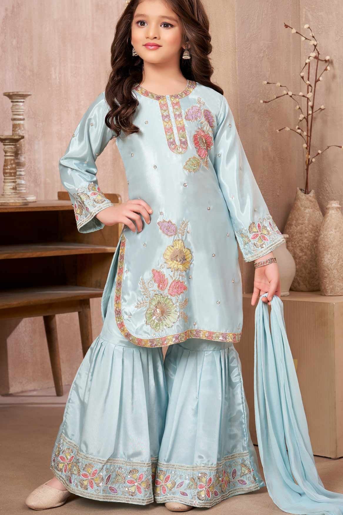 Powder Blue Embroidered Sharara Set with Dupatta for Girls