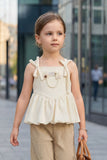 Girls Beige Co-Ord Set – Peplum Top And Wide-Leg Pants