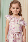 Girls Lilac Floral Printed One-Shoulder Co-Ord Set with Wide-Leg Pants