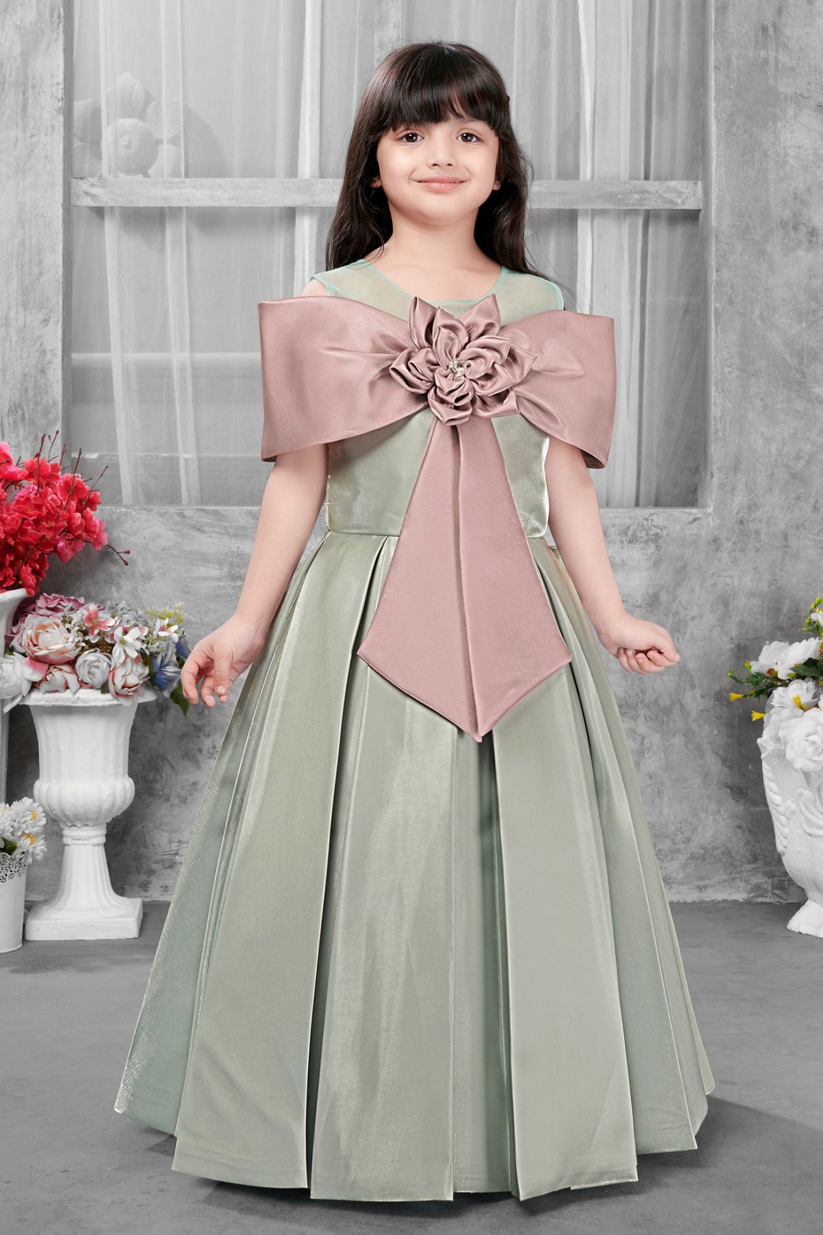 Sage Green Sleeveless Gown with Oversized Dusty Pink Bow for Girls